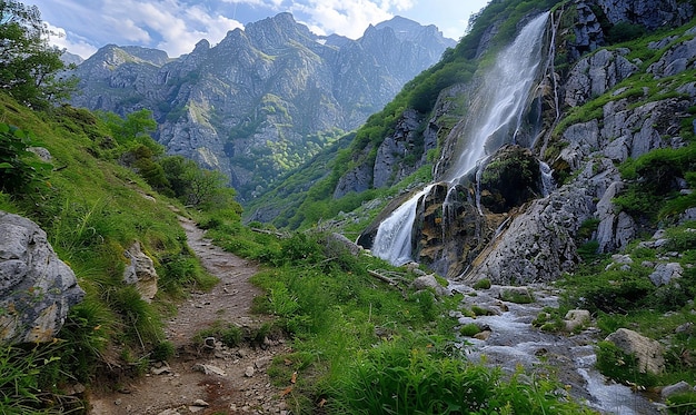 a waterfall is in the mountains with a trail leading to it