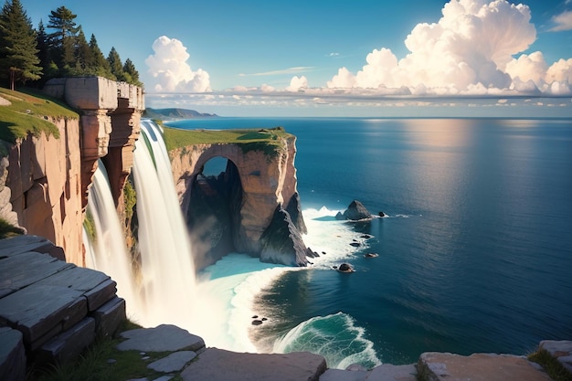 A waterfall is seen over a cliff with the ocean in the background.