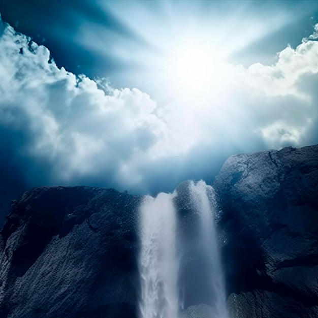 A waterfall is seen in the sky above a mountain with clouds and the sun shining through the clouds.