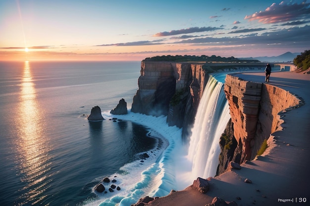 A waterfall is seen at sunset with the sun setting behind it.