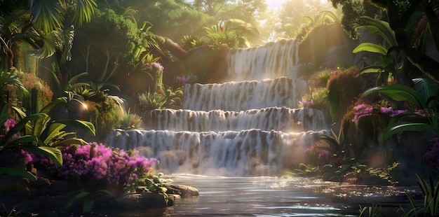 A waterfall is shown in a lush green jungle with pink flowers