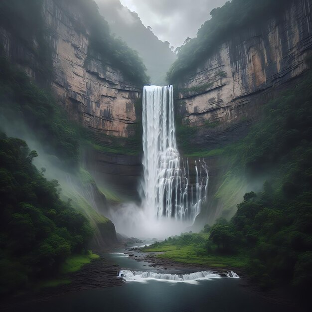 a waterfall is shown in the middle of a forest