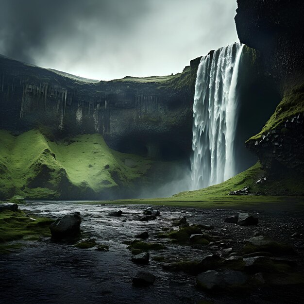 a waterfall is shown in the middle of a green field