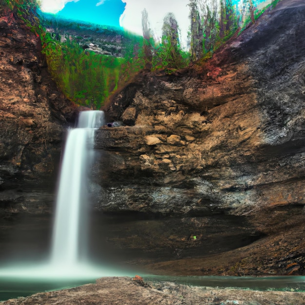 A waterfall is shown in a rocky landscape with trees and rocks.