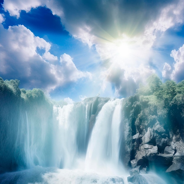 A waterfall is shown with the sun shining on it.