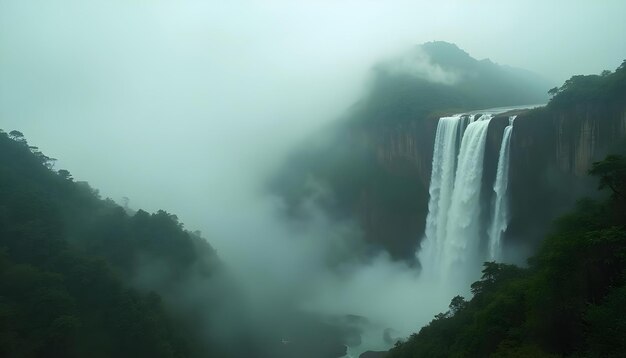 a waterfall is surrounded by fog and trees