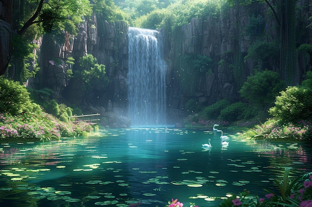 a waterfall is surrounded by green plants and flowers