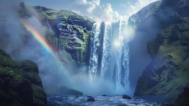 waterfall is surrounded by lush green grass and rocks