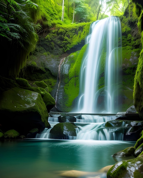 A waterfall is surrounded by lush green moss and trees.