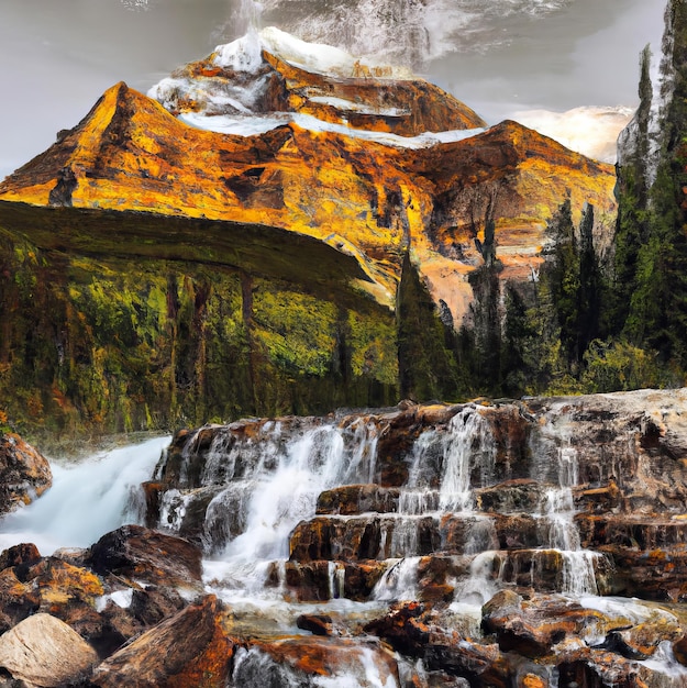 A waterfall is surrounded by mountains and a mountain with snow on it.