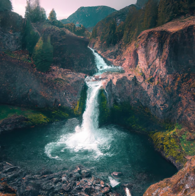 A waterfall is surrounded by rocks and trees.