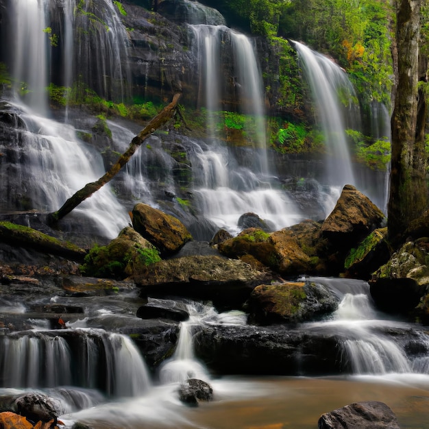 A waterfall is surrounded by rocks and trees.