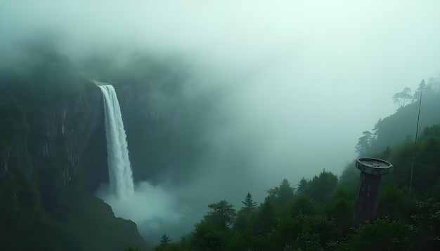 Photo a waterfall is surrounded by trees and a forest of trees