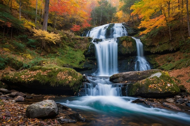 Photo a waterfall is surrounded by trees and a forest with a waterfall