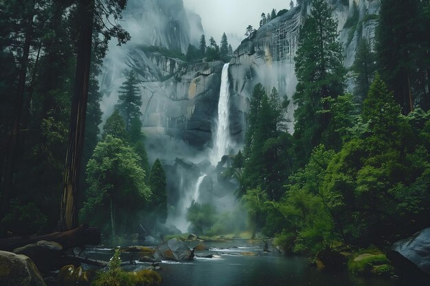 A waterfall is surrounded by trees and a river