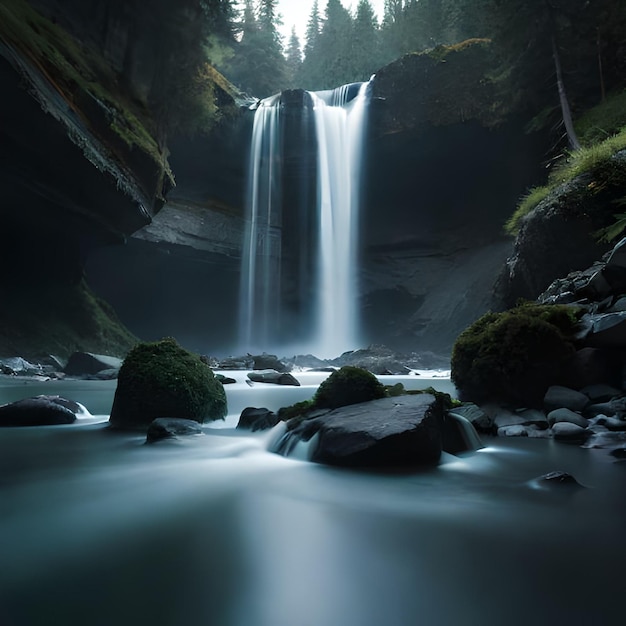 A waterfall is surrounded by trees and rocks.