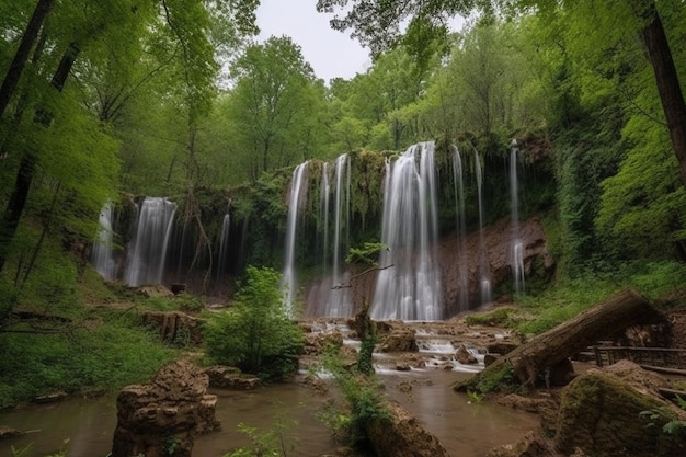 A waterfall is surrounded by trees and the word waterfall