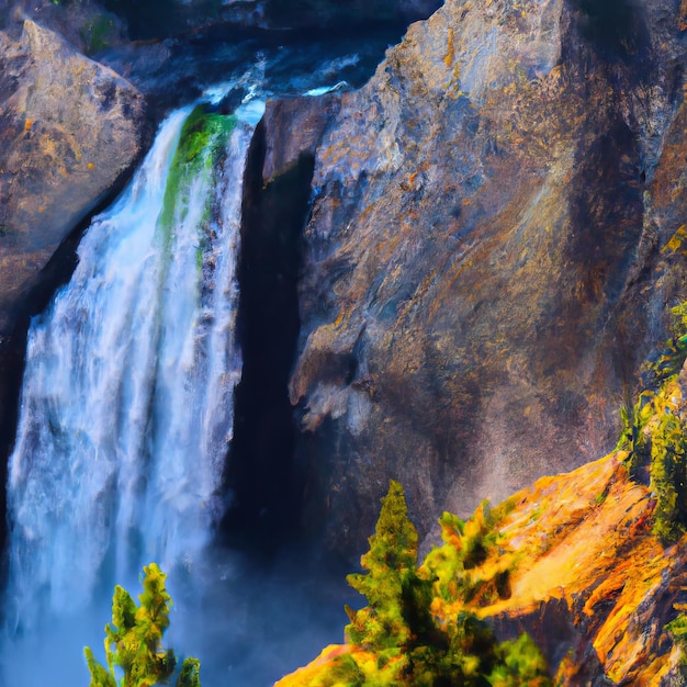 A waterfall is visible in the foreground of a mountain with trees on the bottom.