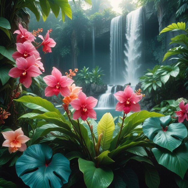 a waterfall is behind a waterfall and the sun is shining through the leaves