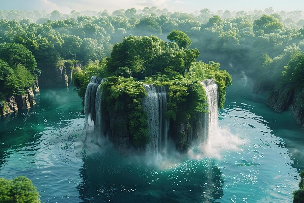 Waterfall Island in a Lush Jungle