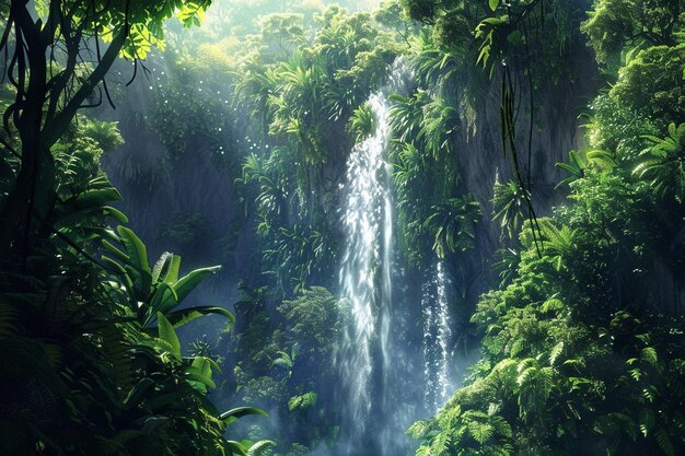 a waterfall in the jungle is surrounded by lush green trees