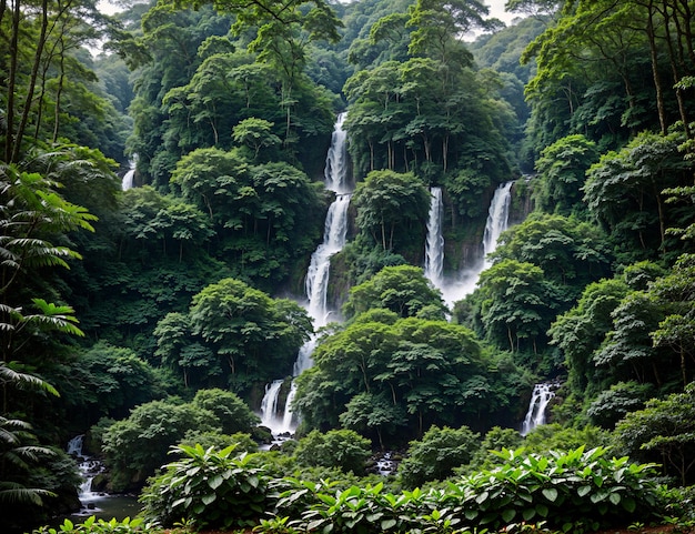 a waterfall in the jungle is surrounded by lush green trees