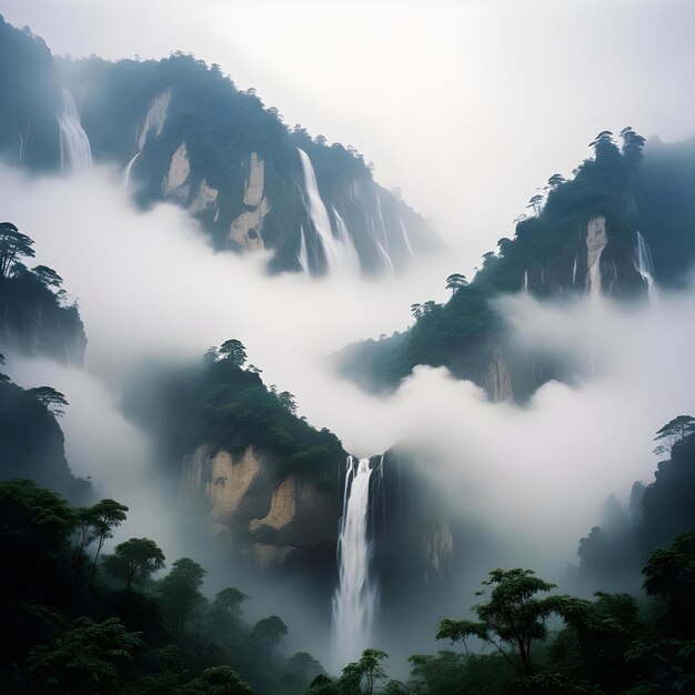 Photo a waterfall in the jungle is surrounded by mountains and forest