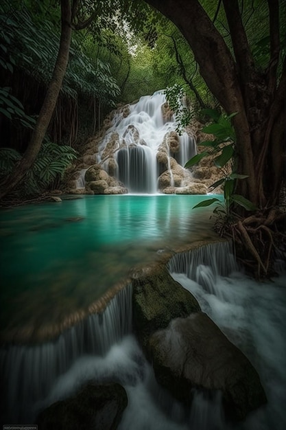 A waterfall in the jungle with a blue pool and trees