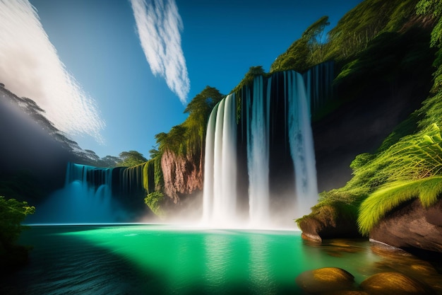 A waterfall in the jungle with a blue sky and clouds