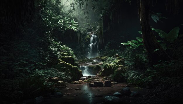 A waterfall in the jungle with a green background.