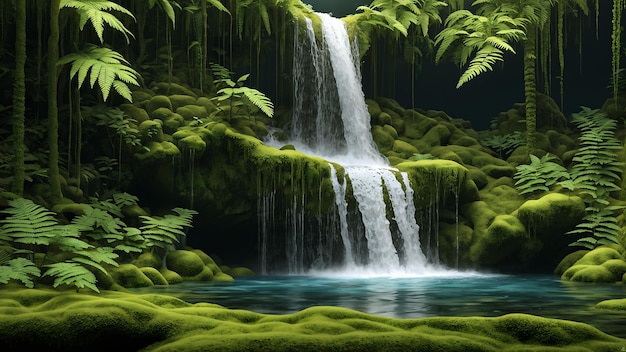 Waterfall In The Jungle With Green Moss And Ferns 3D Render