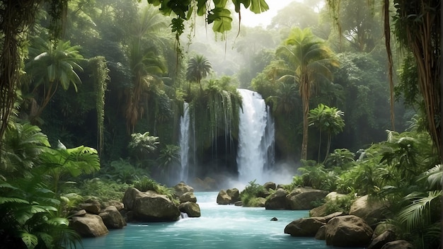 A waterfall in a jungle with green plants and blue water