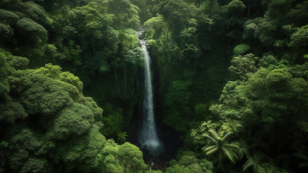 A waterfall in the jungle with green trees and a jungle in the background