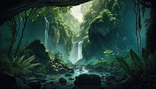 A waterfall in a jungle with a jungle scene