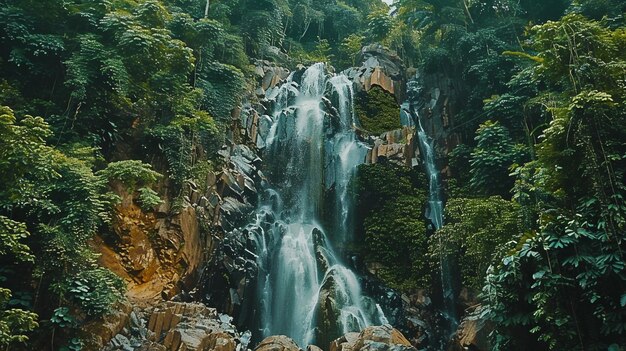 a waterfall in the jungle with a man standing in front of it