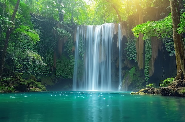 a waterfall in the jungle with the sun shining through the trees