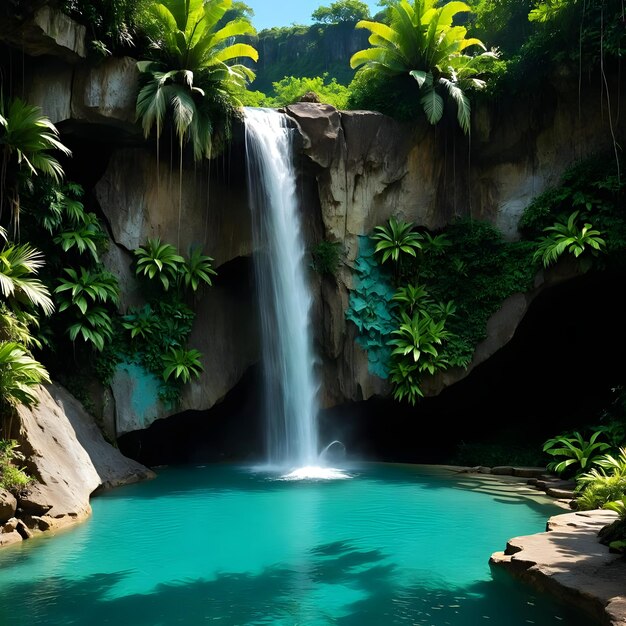 a waterfall in a jungle with a waterfall in the background