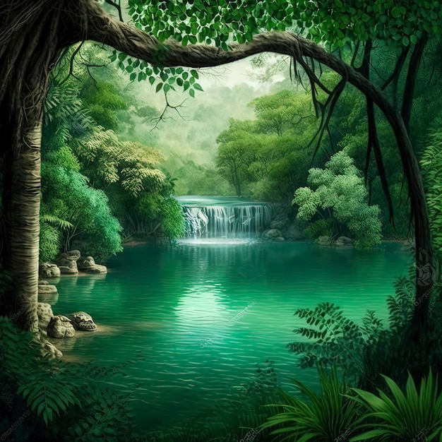 A waterfall in a jungle with a waterfall