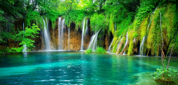 Waterfall landscape of Plitvice Lakes Croatia.