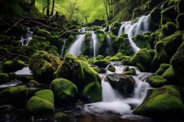 Waterfall Landscape with MossCovered Rocks Serene Cascades and Natural Beauty Generative AI