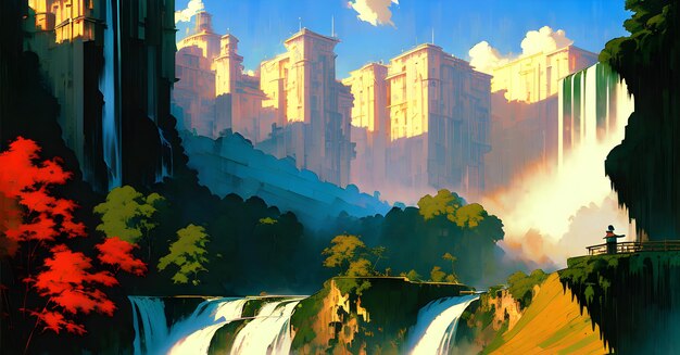 Waterfall Landscapes in the mountains with greenery nature wallpaper canvas print Generative AI for creative posters paintings facebook covers