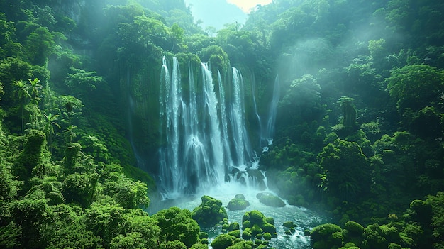 Waterfall in Lush Tropical Rainforest