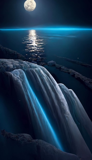 Waterfall in the middle of a body of water under a full moon generative ai