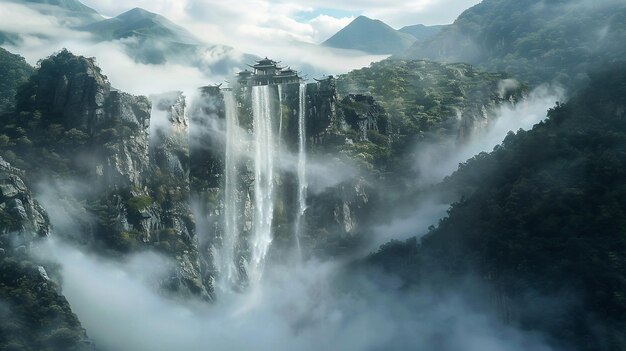 Photo a waterfall in the middle of a forest with a mountain in the background