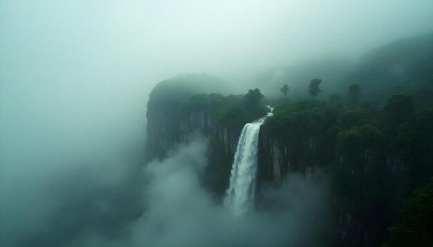 Photo a waterfall in the middle of a forest with trees in the background