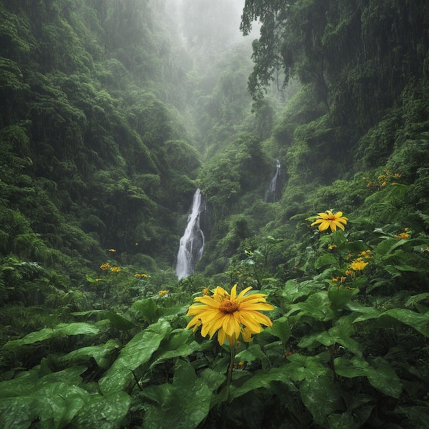 a waterfall in the middle of a forest with a waterfall in the background