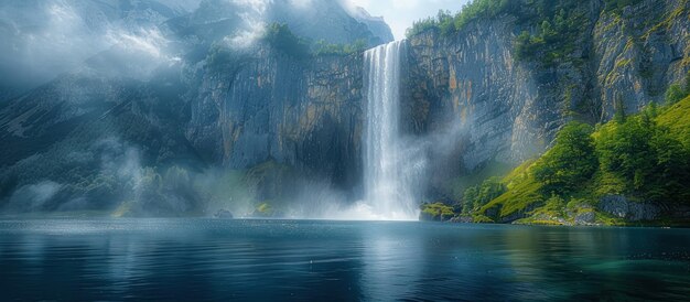 Photo waterfall in a misty mountain lake