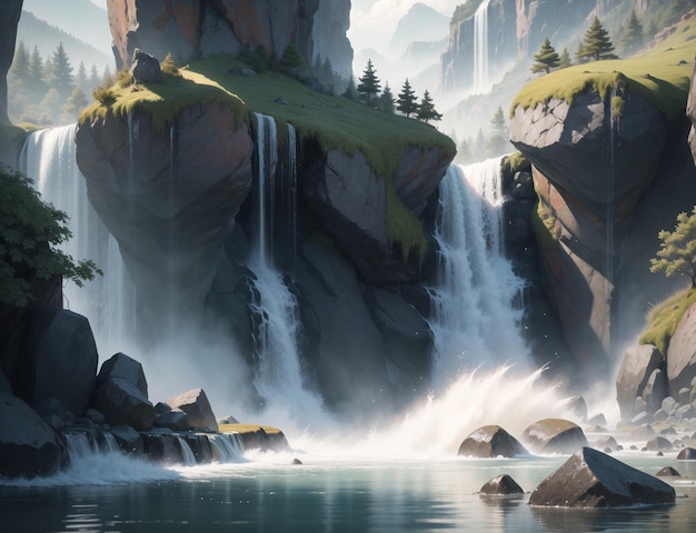 A waterfall in a mountain landscape