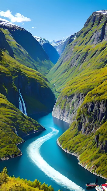 A waterfall in a mountain valley in Norwegia