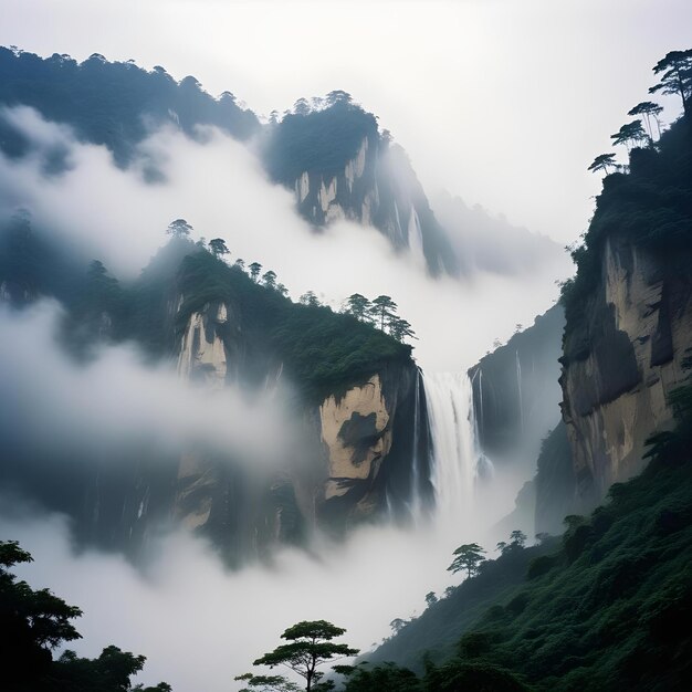 Photo a waterfall in the mountains is surrounded by mountains and clouds